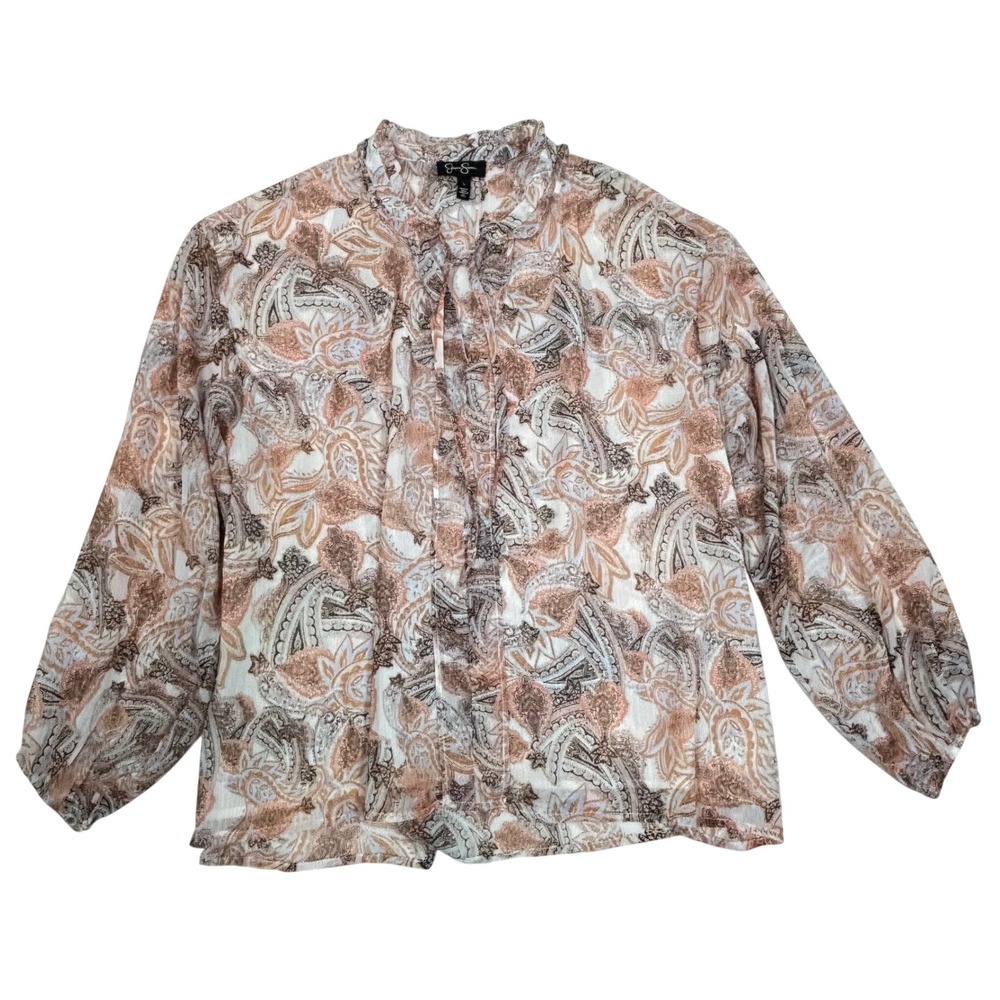 Jessica Simpson Womens Tan Blue Paisley Tie Neck Chiffon Ruffle Boho Blouse L
